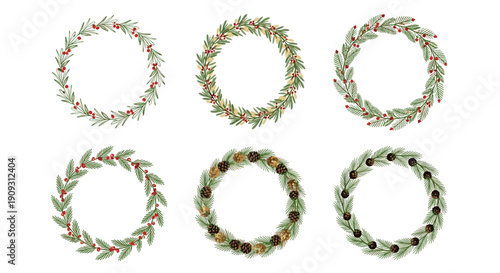 Set of six unique decorative Christmas wreaths made of pine branches, red berries, and natural brown pine cones.