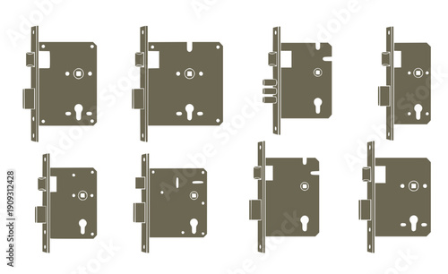 Mortise Lock Hardware Set - Black Rectangular Door Lock Body and Internal Latch Silhouettes Isolated on White