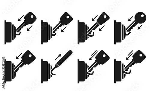 Key Extractor Locksmith Tool Set - Black Hooked Tool and Broken Key Removal Silhouettes Isolated on White