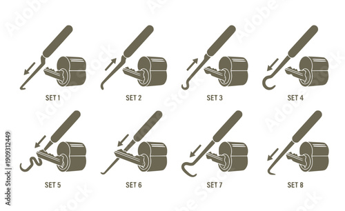 Key Extractor Locksmith Tool Set - Black Hooked Tool and Broken Key Removal Silhouettes Isolated on White