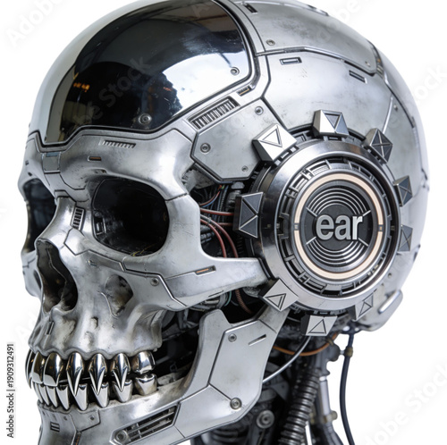 Cybernetic Skull: A fusion of the organic and artificial, a detailed depiction of a cybernetic skull explores the concept of futuristic technology and the human form. 