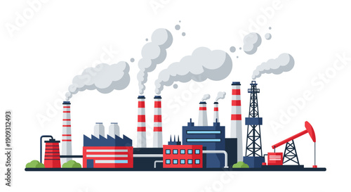 Large industrial manufacturing plant with numerous smoking chimneys and an oil rig under a clear blue sky representing heavy industry sectors.