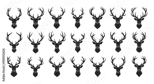 Large grid of twenty-one black deer head silhouettes with impressive antlers arranged neatly on a white background for decorative design use.