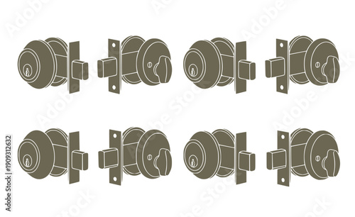 Deadbolt Security Lock Set - Black Single Cylinder Deadbolt and Heavy Duty Bolt Silhouettes Isolated on White