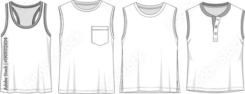 Versatile Sleeveless Shirt Collection: Technical Fashion Sketches for Apparel Design, Garment Mockups and Fashion Illustrations, Ideal for Pattern Making and Textile Presentations