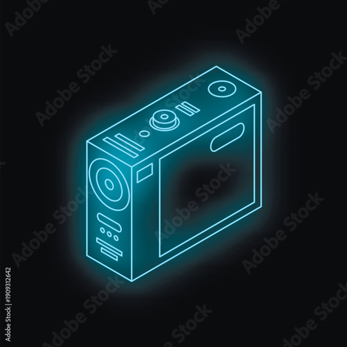 Isometric view of a glowing action camera with a futuristic design