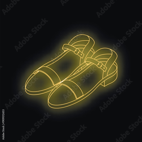 Glowing neon outline of women's sandals is showing modern footwear fashion