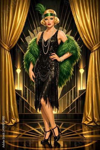 Digital illustration in Art Deco style of a glamorous lady from the 1920s. She stands in an elegant pose on a stage framed by a golden curtain.
