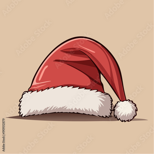 A red Christmas hat with white trim lies on the floor, viewed from the side, in a minimalist setting.