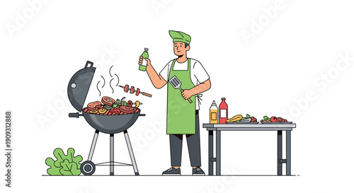 Cheerful chef in a green apron and hat grilling meat skewers on a modern barbecue next to a table prepared with fresh food and condiments.