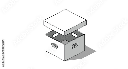 Simple isometric drawing of a square gray storage box with a separate lid hovering just above the container on a clean white background.