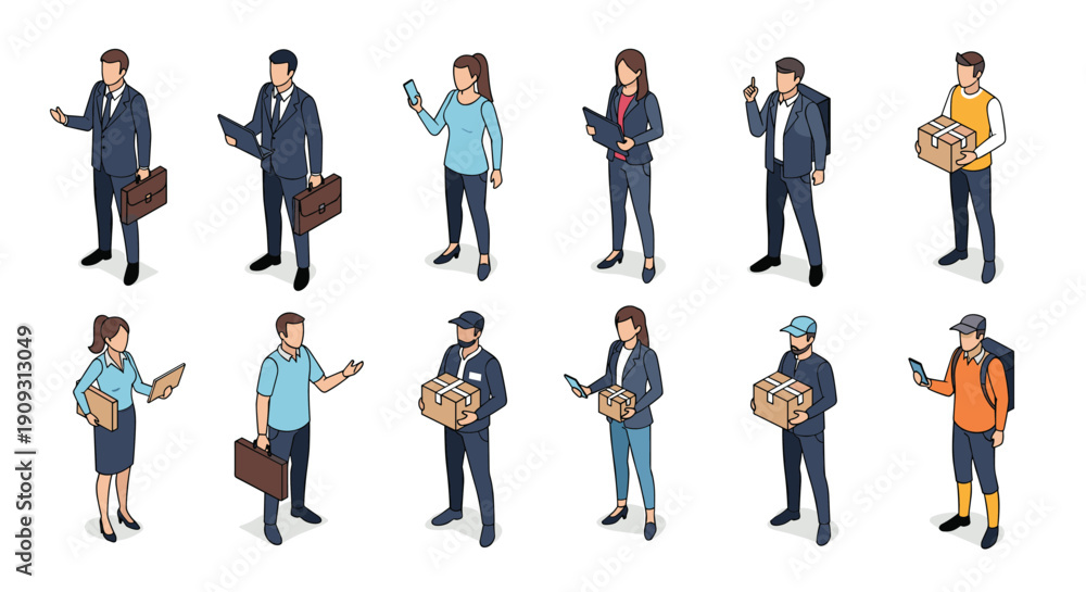Obraz premium Set of twelve isometric characters representing diverse professionals like office workers, delivery personnel, and couriers in various poses.