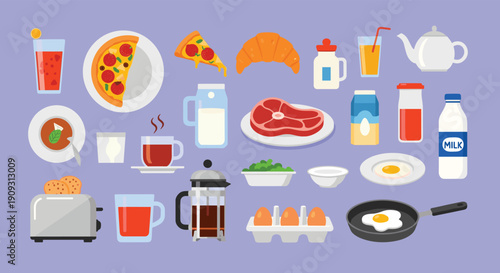 Diverse collection of food and drink illustrations including pizza, croissant, meat, eggs, milk, juice, coffee, tea, and a toaster for menus.