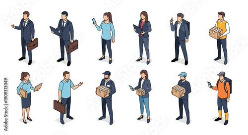 Set of twelve isometric characters representing diverse professionals like office workers, delivery personnel, and couriers in various poses.