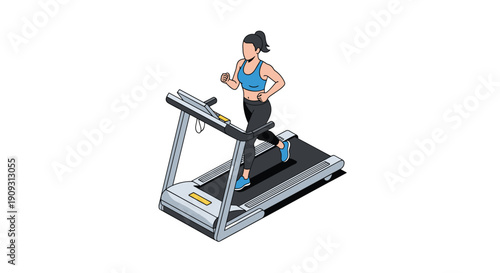 Fit woman with dark hair wearing athletic clothing running on a modern motorized treadmill in an isometric view for health and fitness goals.