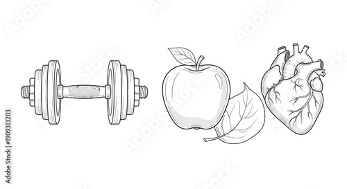 Healthy Lifestyle: Dumbbell, Apple, and Heart - Fitness, Nutrition, and Cardiology Concept