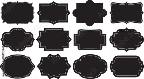 Collection of black label shapes and designs on white