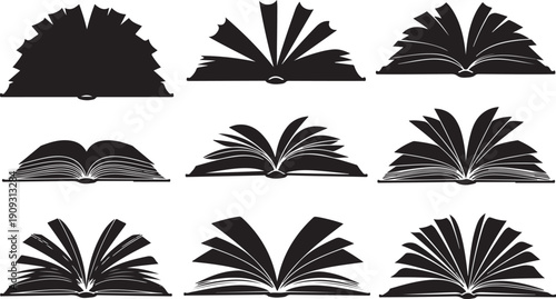 Collection of open and closed book silhouettes in black