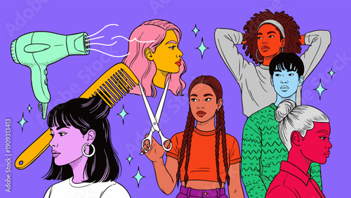 Vibrant vector illustration showcasing diverse people expressing their unique styles with various hair types and beauty tools