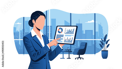 Professional Business Executive Analyzing Market Trends and Financial Reports on a Tablet Device in a Contemporary Office Setting - Vector Illustration