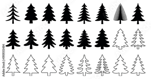 Minimalist Black and White Tree Collection featuring a diverse set of artistic silhouettes and fine-line sketches of various tree species in a modern vector style.