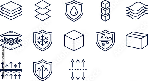 Material Layering and Fabric Property Line Icons Set, Including Waterproof, Breathable, Windproof, Cold Resistance, Textile Stacks, and Packaging Symbols, Flat Vector Illustration