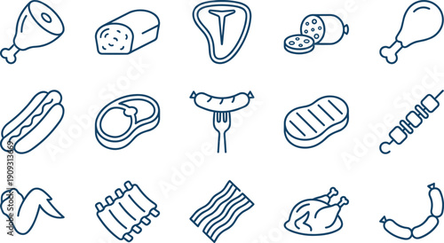 Meat, butcher shop, and protein vector line icon set, featuring steaks, poultry, sausages, bacon, ham, barbecue, and various raw food products for cooking.