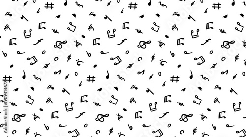 Black and white seamless pattern of hand drawn music notes. Simple doodle symbols for music theory study. Sheet music elements isolated on white background. Vector illustration for education.