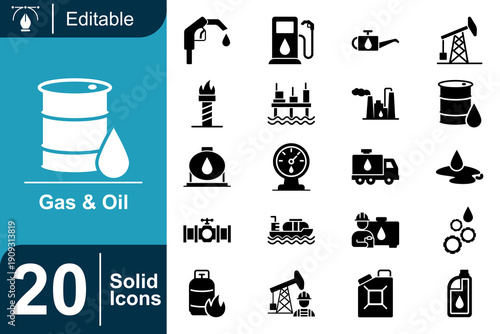 Solid Icons representing Gas and Oil Industry Fueling Transportation, Energy Production, and Industrial Processes