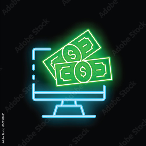 Glowing neon icon of a computer screen displaying money, representing online business, e commerce, and digital financial transactions