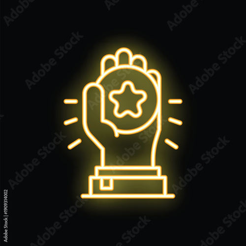 Neon sign of a hand holding a star, symbolizing excellence, achievement and success