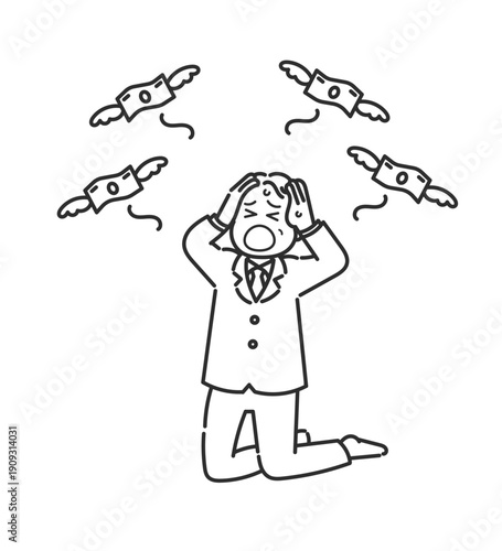 破産、借金をする50代男性のイラスト　線画のみ　線画のみ