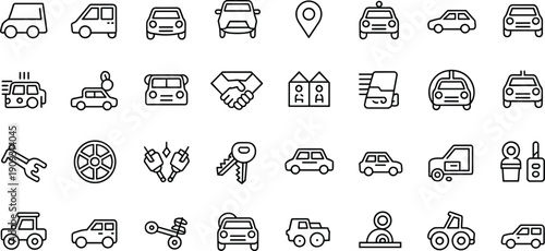 Automotive Transportation Line Icon Set Featuring Various Car Models Service Tools Keys Dealership Symbols and Vehicle Maintenance Outline Graphics for Logistics