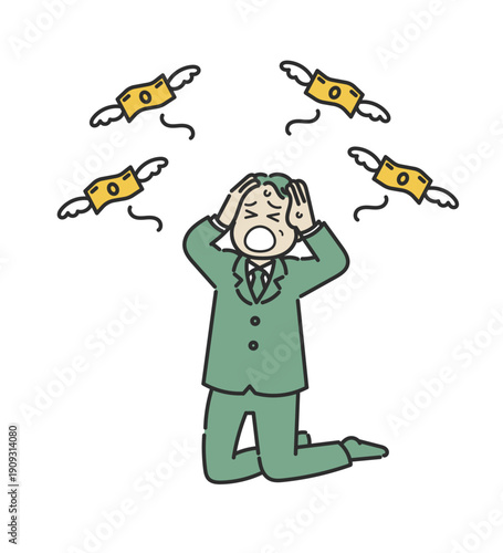 破産、借金をする50代男性のイラスト　線画のみ