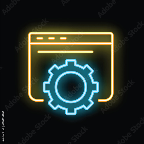 Neon icon of a browser window with a gear representing web development
