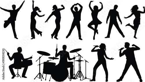 Performing arts silhouettes illustration, dancers in dynamic poses, drummers with drum sets, vocalist with microphone, creative expression, live performance concept
