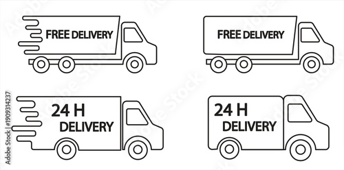 Delivery truck icon collection. Fast delivery truck. Delivery service icon symbol. Express delivery. Fast moving cargo truck, transportation concept, logistics truck. Vector illustration. EPS10