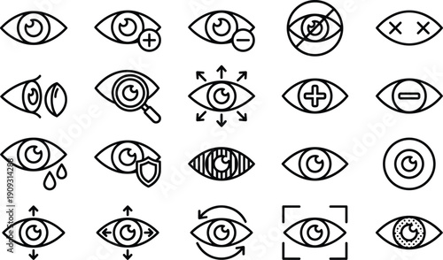 Mega Business, Global, Finance, Health, and Productivity Line Icons Vector Set, Covering Eye Care, Waste Management, Growth Strategy, and Customer Feedback Symbols.