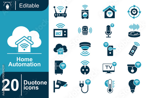 Home automation icons set, smart home technology, wireless devices, security, and connectivity concepts, editable duotone graphics