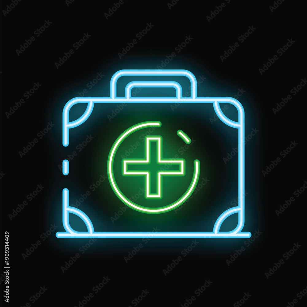 Obraz premium Neon sign representing a first aid kit, glowing green on a black background