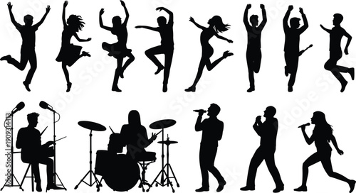 Performing arts silhouettes illustration, dancers in expressive poses, drummers with drum sets, vocalists with microphones, live stage performance, creative entertainment concept