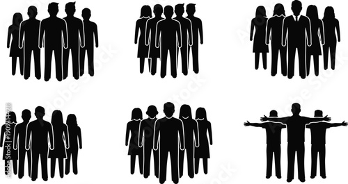 People group silhouettes standing together in different formations, symbolizing teamwork, community, unity, leadership, social structure, and diverse workforce concept