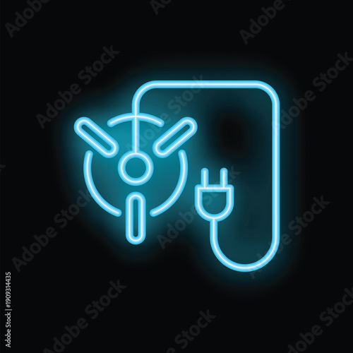 Glowing blue neon icon of an electric stove top view with a plug, illustrating electric heating