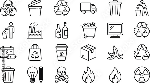 Mega Business, Global, Finance, Health, and Productivity Line Icons Vector Set, Covering Eye Care, Waste Management, Growth Strategy, and Customer Feedback Symbols.
