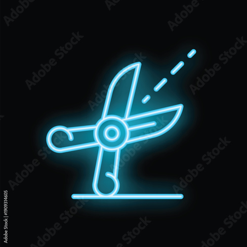 Blue neon icon of garden secateurs cutting a straight line with sparks flying on black background