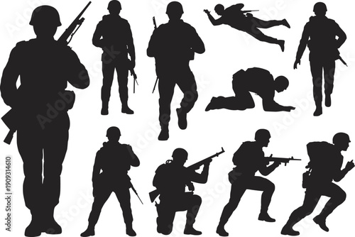 Military soldier silhouettes set, army infantry vector collection, combat troops with guns, war action figures, isolated black icons.