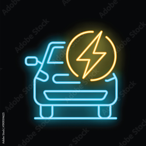Neon sign of electric car with lightning bolt, glowing icon illustration concept for electric vehicle charging station