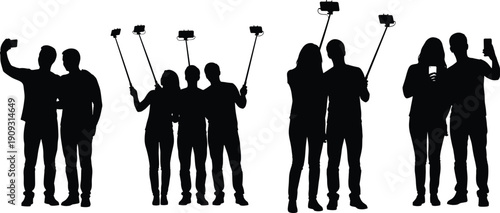 People silhouettes taking selfies with smartphones and selfie sticks, representing social media culture, friendship, group photography, digital lifestyle, technology, and modern communication concept