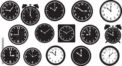 Collection of various analog clocks and alarm clocks displayed