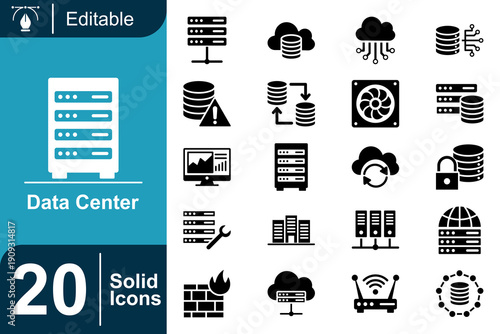 Solid icons representing data center, cloud computing, network, server, storage, technology, connectivity, security, and digital infrastructure